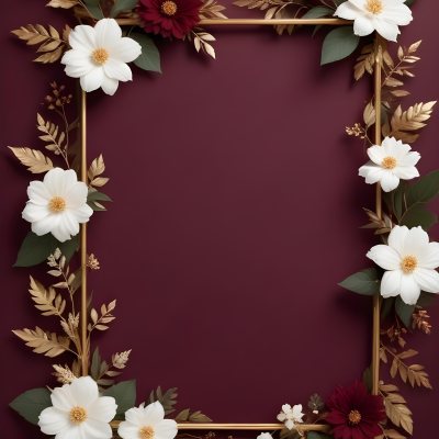 Digital Painting A Floral Frame With White Flowers Leaves And Gold Accents On A Burgundy Background Bold And Slim Lines Brush Strokes 26 2148