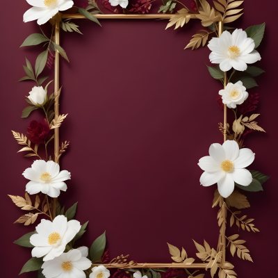 Digital Painting A Floral Frame With White Flowers Leaves And Gold Accents On A Burgundy Background Bold And Slim Lines Brush Strokes 29 D16f