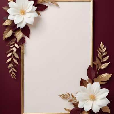 Digital Painting A Floral Frame With White Flowers Leaves And Gold Accents On A Burgundy Background Bold And Slim Lines Brush Strokes 30 C96e