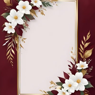 Digital Painting A Floral Frame With White Flowers Leaves And Gold Accents On A Burgundy Background Bold And Slim Lines Brush Strokes 35 1ae9