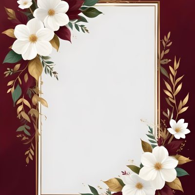 Digital Painting A Floral Frame With White Flowers Leaves And Gold Accents On A Burgundy Background Bold And Slim Lines Brush Strokes 39 B383