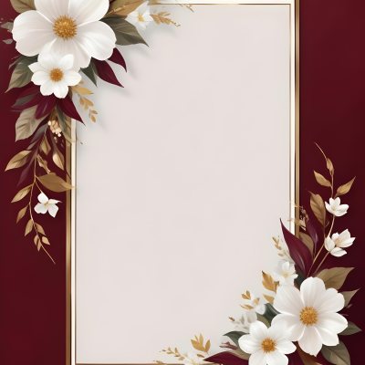 Digital Painting A Floral Frame With White Flowers Leaves And Gold Accents On A Burgundy Background Bold And Slim Lines Brush Strokes 41 881d