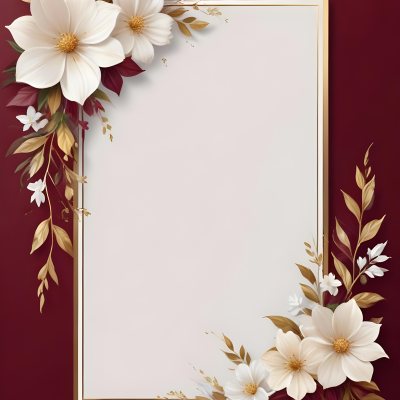 Digital Painting A Floral Frame With White Flowers Leaves And Gold Accents On A Burgundy Background Bold And Slim Lines Brush Strokes 43 B5f3
