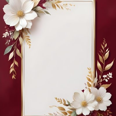 Digital Painting A Floral Frame With White Flowers Leaves And Gold Accents On A Burgundy Background Bold And Slim Lines Brush Strokes 52 1726