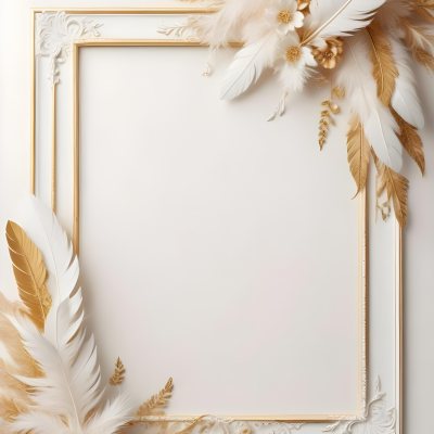 Digital Painting A White And Gold Floral Frame With Feathers And Ornate Decorative Elements On A Light Background Bold And Slim Lines Brush Strokes 18 96bb