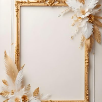 Digital Painting A White And Gold Floral Frame With Feathers And Ornate Decorative Elements On A Light Background Bold And Slim Lines Brush Strokes 2 D384