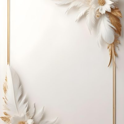Digital Painting A White And Gold Floral Frame With Feathers And Ornate Decorative Elements On A Light Background Bold And Slim Lines Brush Strokes 20 2858