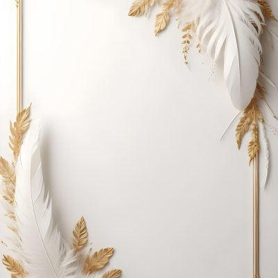 Digital Painting A White And Gold Floral Frame With Feathers And Ornate Decorative Elements On A Light Background Bold And Slim Lines Brush Strokes 23 9f9b