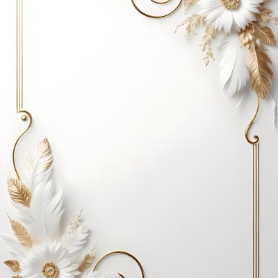 Digital Painting A White And Gold Floral Frame With Feathers And Ornate Decorative Elements On A Light Background Bold And Slim Lines Brush Strokes 26 B490
