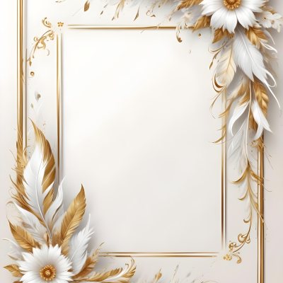 Digital Painting A White And Gold Floral Frame With Feathers And Ornate Decorative Elements On A Light Background Bold And Slim Lines Brush Strokes 28 724a