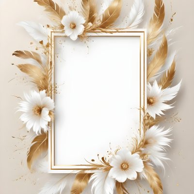 Digital Painting A White And Gold Floral Frame With Feathers And Ornate Decorative Elements On A Light Background Bold And Slim Lines Brush Strokes 30 C7b0