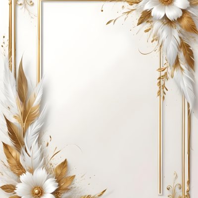 Digital Painting A White And Gold Floral Frame With Feathers And Ornate Decorative Elements On A Light Background Bold And Slim Lines Brush Strokes 39 A094
