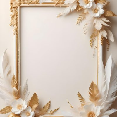 Digital Painting A White And Gold Floral Frame With Feathers And Ornate Decorative Elements On A Light Background Bold And Slim Lines Brush Strokes 5 742a