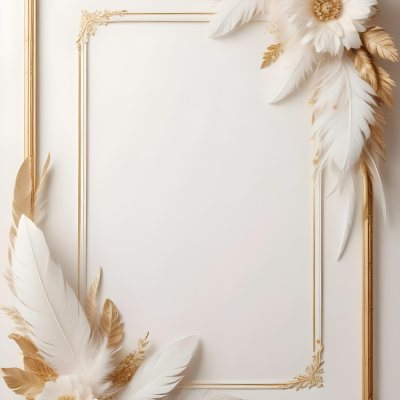 Digital Painting A White And Gold Floral Frame With Feathers And Ornate Decorative Elements On A Light Background Bold And Slim Lines Brush Strokes 9 79a5