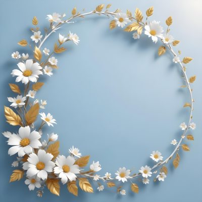 Digital Painting A Wreath Of White Flowers With Golden Leaves On A Light Blue Background Bold And Slim Lines Brush Strokes 10 E1b0