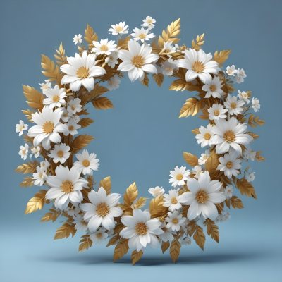 Digital Painting A Wreath Of White Flowers With Golden Leaves On A Light Blue Background Bold And Slim Lines Brush Strokes 14 Cdaf