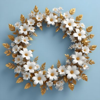 Digital Painting A Wreath Of White Flowers With Golden Leaves On A Light Blue Background Bold And Slim Lines Brush Strokes 16 4b7e
