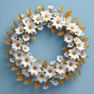 Digital Painting A Wreath Of White Flowers With Golden Leaves On A Light Blue Background Bold And Slim Lines Brush Strokes 2 Cb92