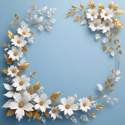 Digital Painting A Wreath Of White Flowers With Golden Leaves On A Light Blue Background Bold And Slim Lines Brush Strokes 23 2b2f