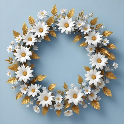 Digital Painting A Wreath Of White Flowers With Golden Leaves On A Light Blue Background Bold And Slim Lines Brush Strokes 26 6e5b