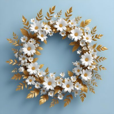 Digital Painting A Wreath Of White Flowers With Golden Leaves On A Light Blue Background Bold And Slim Lines Brush Strokes 28 1d6d