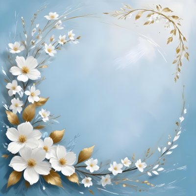 Digital Painting A Wreath Of White Flowers With Golden Leaves On A Light Blue Background Bold And Slim Lines Brush Strokes 35 A3a7
