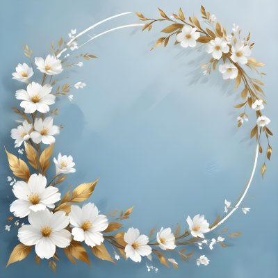 Digital Painting A Wreath Of White Flowers With Golden Leaves On A Light Blue Background Bold And Slim Lines Brush Strokes 36 95f1