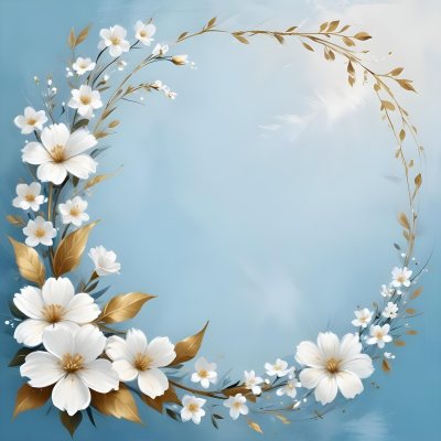 Digital Painting A Wreath Of White Flowers With Golden Leaves On A Light Blue Background Bold And Slim Lines Brush Strokes 42 F533