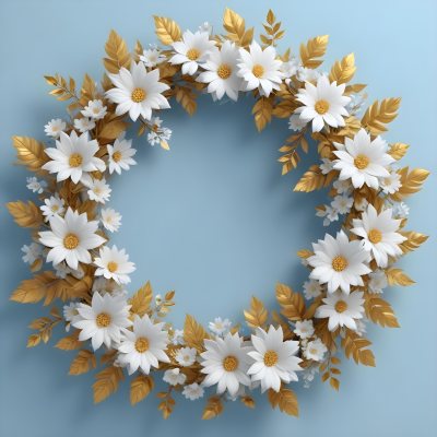 Digital Painting A Wreath Of White Flowers With Golden Leaves On A Light Blue Background Bold And Slim Lines Brush Strokes 7 D3d2