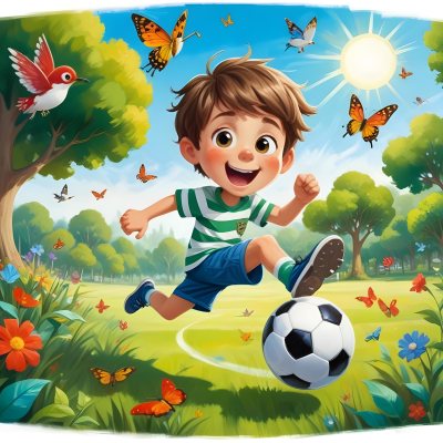 Digital Painting A Young Boy Around 6 Years Old With Light Skin And Brown Hair Wearing A Green And White Striped Shirt And Shorts Joyfully Running While Kicking A Black And White Soccer Ball The Ba 19 5f40