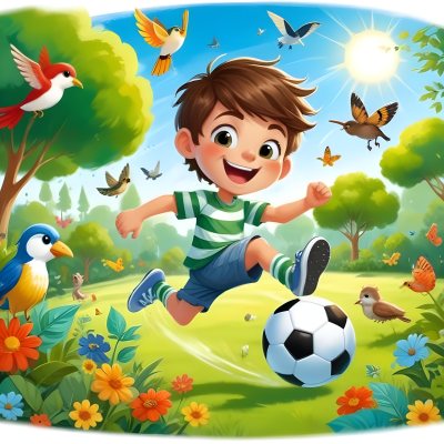 Digital Painting A Young Boy Around 6 Years Old With Light Skin And Brown Hair Wearing A Green And White Striped Shirt And Shorts Joyfully Running While Kicking A Black And White Soccer Ball The Ba 2 B287