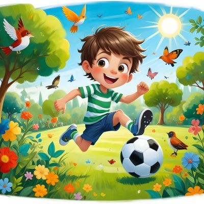 Digital Painting A Young Boy Around 6 Years Old With Light Skin And Brown Hair Wearing A Green And White Striped Shirt And Shorts Joyfully Running While Kicking A Black And White Soccer Ball The Ba 20 4233