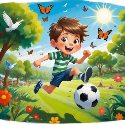 Digital Painting A Young Boy Around 6 Years Old With Light Skin And Brown Hair Wearing A Green And White Striped Shirt And Shorts Joyfully Running While Kicking A Black And White Soccer Ball The Ba 32 5341