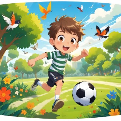 Digital Painting A Young Boy Around 6 Years Old With Light Skin And Brown Hair Wearing A Green And White Striped Shirt And Shorts Joyfully Running While Kicking A Black And White Soccer Ball The Ba 44 2fc6