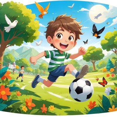 Digital Painting A Young Boy Around 6 Years Old With Light Skin And Brown Hair Wearing A Green And White Striped Shirt And Shorts Joyfully Running While Kicking A Black And White Soccer Ball The Ba 49 Dc71