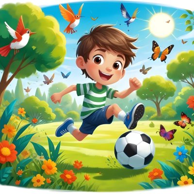 Digital Painting A Young Boy Around 6 Years Old With Light Skin And Brown Hair Wearing A Green And White Striped Shirt And Shorts Joyfully Running While Kicking A Black And White Soccer Ball The Ba 9 5588