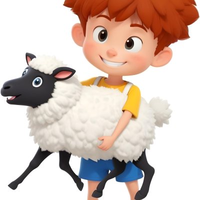 Digital Painting A Young Boy With Short Spiky Black Hair And A Big Smile Is Holding A Fluffy White Sheep With A Black Face The Boy Is Wearing A Blue T Shirt And Yellow Shorts The Background Is Plain White Bold And S 13 3e3e
