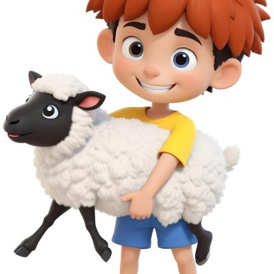 Digital Painting A Young Boy With Short Spiky Black Hair And A Big Smile Is Holding A Fluffy White Sheep With A Black Face The Boy Is Wearing A Blue T Shirt And Yellow Shorts The Background Is Plain White Bold And S 14 2394