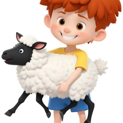 Digital Painting A Young Boy With Short Spiky Black Hair And A Big Smile Is Holding A Fluffy White Sheep With A Black Face The Boy Is Wearing A Blue T Shirt And Yellow Shorts The Background Is Plain White Bold And S 4 0a37
