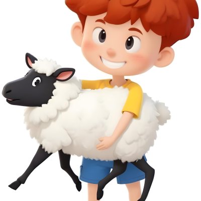 Digital Painting A Young Boy With Short Spiky Black Hair And A Big Smile Is Holding A Fluffy White Sheep With A Black Face The Boy Is Wearing A Blue T Shirt And Yellow Shorts The Background Is Plain White Bold And S 5 5579