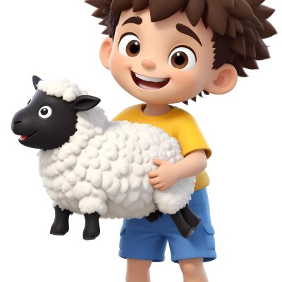 Digital Painting A Young Boy With Short Spiky Black Hair And A Big Smile Is Holding A Fluffy White Sheep With A Black Face The Boy Is Wearing A Blue T Shirt And Yellow Shorts The Background Is Plain White Bold And S 8 13c8