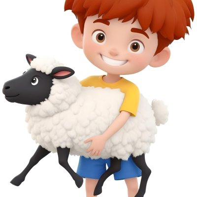 Digital Painting A Young Boy With Short Spiky Black Hair And A Big Smile Is Holding A Fluffy White Sheep With A Black Face The Boy Is Wearing A Blue T Shirt And Yellow Shorts The Background Is Plain White Bold And S 9 3654