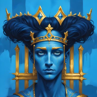 Digital Painting Blue Face With Blue Eyes And Golden Crown Windows As Nose Blue Background Bold And Slim Lines Brush Strokes 11 Cf5b