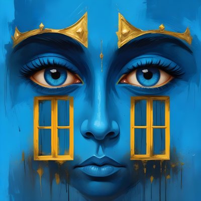 Digital Painting Blue Face With Blue Eyes And Golden Crown Windows As Nose Blue Background Bold And Slim Lines Brush Strokes 15 Aaa2