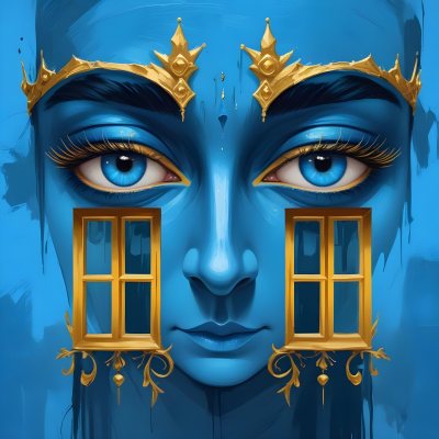 Digital Painting Blue Face With Blue Eyes And Golden Crown Windows As Nose Blue Background Bold And Slim Lines Brush Strokes 16 Ddb7