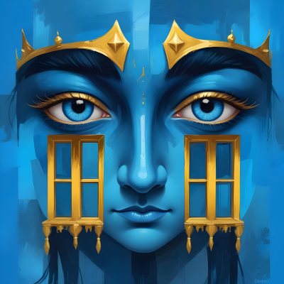 Digital Painting Blue Face With Blue Eyes And Golden Crown Windows As Nose Blue Background Bold And Slim Lines Brush Strokes 2 86a8