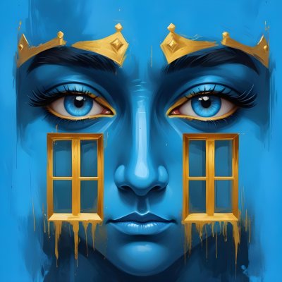 Digital Painting Blue Face With Blue Eyes And Golden Crown Windows As Nose Blue Background Bold And Slim Lines Brush Strokes 26 E05c