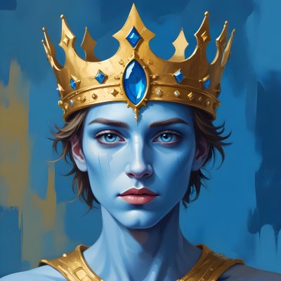 Digital Painting Blue Face With Blue Eyes And Golden Crown Windows As Nose Blue Background Bold And Slim Lines Brush Strokes 36 4d43