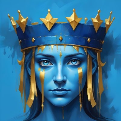 Digital Painting Blue Face With Blue Eyes And Golden Crown Windows As Nose Blue Background Bold And Slim Lines Brush Strokes 37 5b83