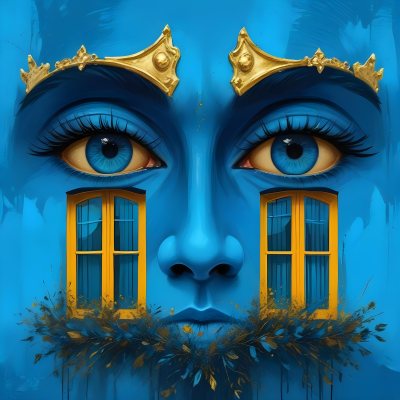Digital Painting Blue Face With Blue Eyes And Golden Crown Windows As Nose Blue Background Bold And Slim Lines Brush Strokes 4 B174